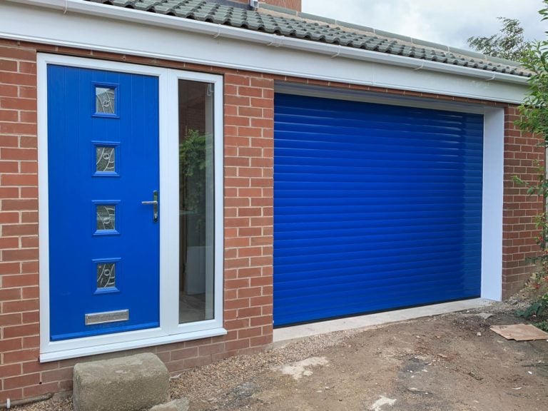 Composite Front Door & Roller Garage Door in Blue