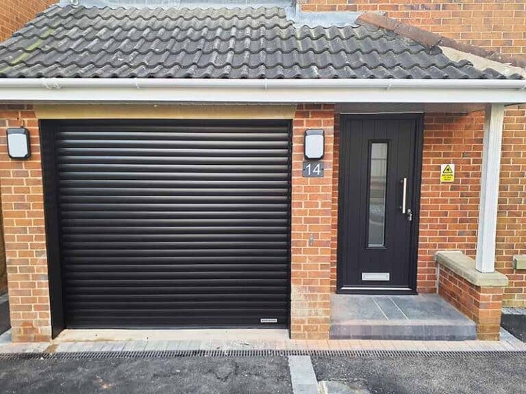 Matching Composite Door with Roller Garage Door in Black